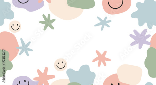 Pastel Smiley Stars Blobs Abstract Seamless Pattern