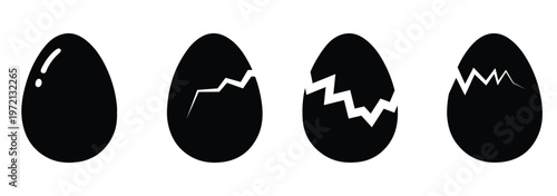 Egg icon set, black and white silhouette vector illustration of cracked, fried, boiled, and sliced eggs for breakfast food design