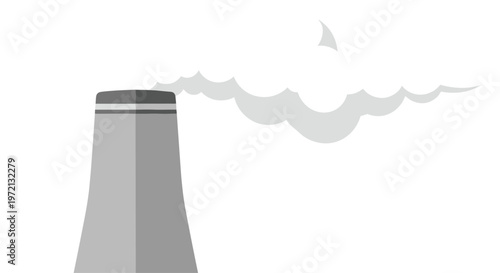 A massive grey industrial cooling tower stands tall while emitting a thick plume of white steam or smoke against a clean white background in a minimalist style.