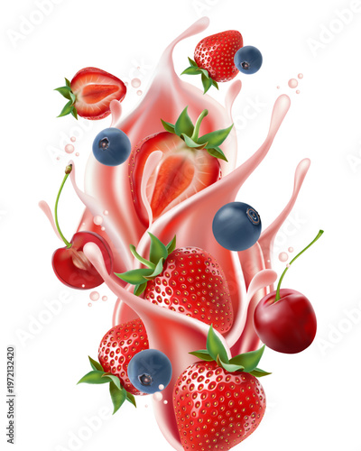 Mixed berries smoothies fruit splashing of Tropical fruits isolated on white background. Vector in 3D illustrations.