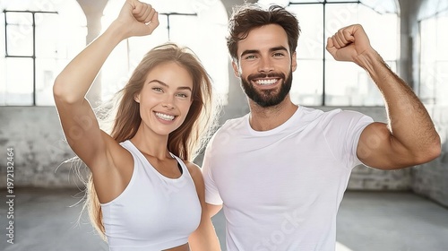 Man and woman in gym wear smile at camera, symbolizing fitness partnership, healthy lifestyle, and workout motivation. Bright background highlights energy and athletic form.