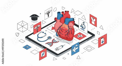Digital Health and Cardiology Concept: Isometric Illustration of Human Heart on Tablet Screen with Medical Symbols and Healthcare Icons