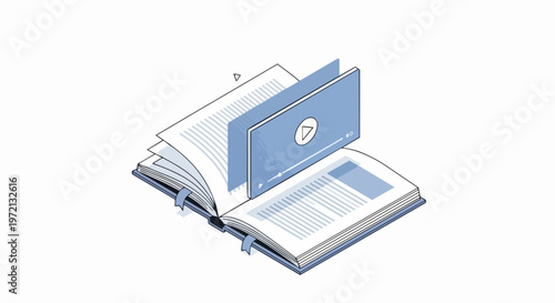 Isometric Illustration of an Open Book with Video Player Interface for E-Learning and Digital Education