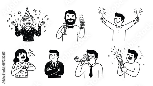 Monochrome vector set of happy people celebrating. Diverse characters enjoying parties, success, and holidays with festive accessories.