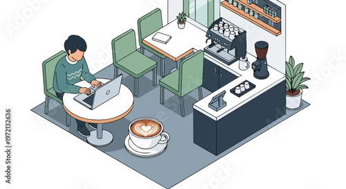 Modern Isometric Coffee Shop Interior with Freelancer Working on Laptop, Remote Work and Digital Nomad Concept Illustration