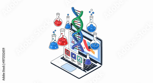 Biotechnology and Bioinformatics Isometric Concept with DNA Helix, Laboratory Flasks, and Laptop for Digital Science Research