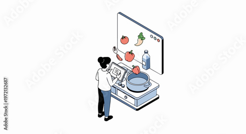 Isometric Illustration of a Woman Cooking with a Digital Recipe Tablet in a Modern Kitchen, Healthy Meal Preparation Concept
