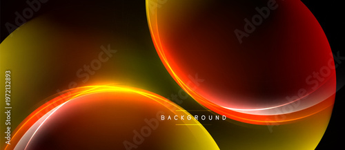 Abstract design features flowing curves, vibrant orange, red hues. Dark background emphasizes luminosity, creating dynamic visual effect.