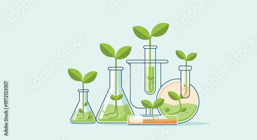 Meticulous vector illustration depicts vibrant green seedlings growing inside various scientific glass containers against a soft mint background under clean lighting.