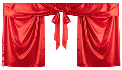 Isolated rich red satin draped curtain valance with bow, theatrical stage presentation, elegant fabric folds, studio lighting