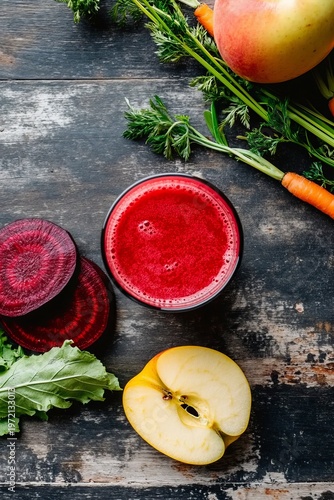 Glass of ABC juice made from beetroot, apple and carrot, fresh ingredients on rustic wood, symbolizing healthy nutrition.