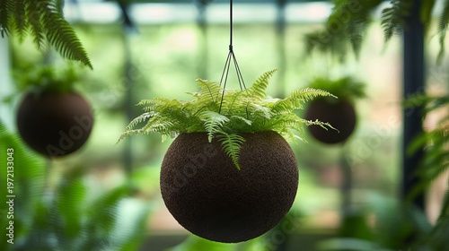Lush green fern in hanging coconut fiber planter, suspended indoors with warm bokeh lights and blurred greenery background.