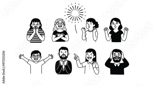 Diverse people expressing emotions: joy, excitement, happiness. Black and white line art illustration set of positive human reactions.