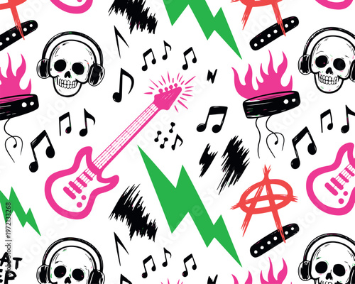 Punk rock vector seamless pattern with skulls guitars headphones lightning and music notes.