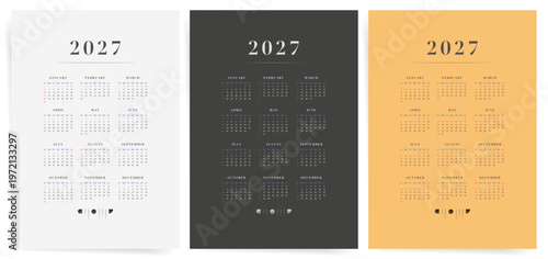 2027 Calendar design set. Minimalist calendar for 2027 in three color variants. Week starts on Sunday.
