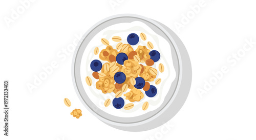 Nutritious breakfast bowl viewed from above contains smooth white yogurt topped with crunchy golden granola and plump ripe blueberries on a plain white background.