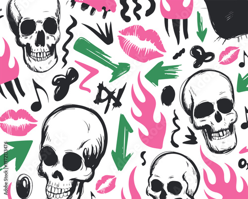 Punk rock vector seamless pattern with skulls lips lightning and music notes.