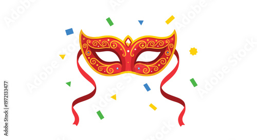 Elegant red carnival mask decorated with ornate golden filigree patterns floats amidst a shower of colorful confetti against a stark white studio background.
