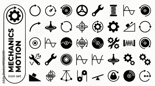 Mechanics Motion Bold Line Icons-Circular Motion Centripetal Angular Velocity Rotational Torque Harmonic Gyroscope Gear-25 Mechanics Icon Set Vector - Motion Physics Icons