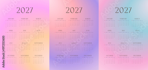 2027 Calendar template set. Elegant gradient calendar for 2027 in soft pastel colors. Week starts on Sunday.
