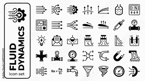 Fluid Dynamics Hydraulics Bold Line Icons-Laminar Flow Turbulent Bernoulli Pascal Buoyancy Hydraulic Reynolds Viscosity-20 Fluid Icon Set Vector - Hydraulics Icons