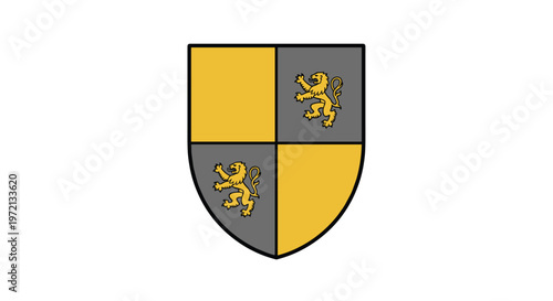 Traditional heraldic coat of arms shield features a quartered design in yellow and gray with two detailed golden lions rampant on a white background.