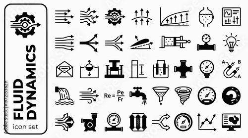 Fluid Dynamics Hydraulics Bold Line Icons-Laminar Flow Turbulent Bernoulli Pascal Buoyancy Hydraulic Reynolds Viscosity-20 Fluid Icon Set Vector - Hydraulics Icons