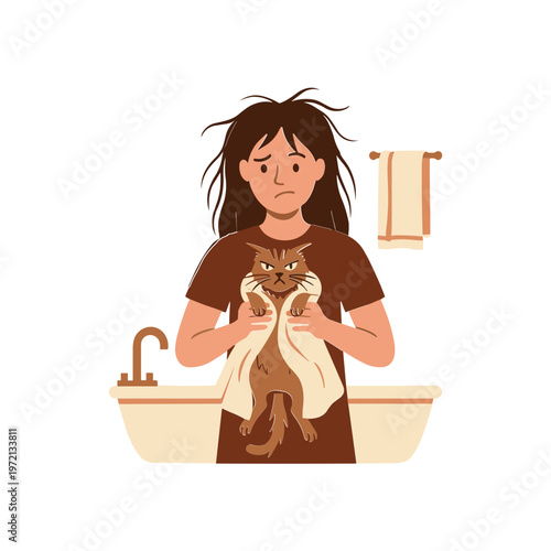 A woman gently dries her cat with a towel after a bath in bathroom.