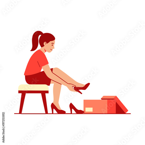 A woman sits on a stool putting on high heel shoes from a box