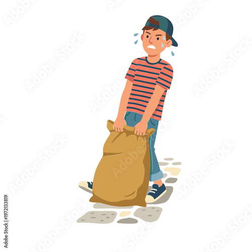 The boy is sweating while carrying a heavy bag on a cobblestone street.