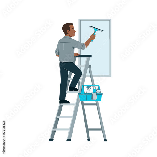 Man cleaning a window on a ladder with a squeegee and bucket