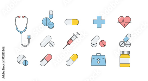 A comprehensive set of clean medical icons featuring a blue stethoscope and various colorful pills is arranged neatly on a pristine white background with soft colors.