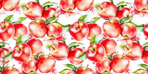 watercolor apple fruit seamless pattern, whole and halved hand drawn illustration wallpaper background