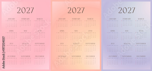 2027 Calendar template set. Colorful calendar for 2027 in pink, peach and lavender gradient. Week starts on Sunday.
