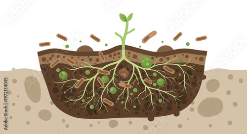 Healthy soil cross-section with plant roots and microorganisms, soil biology concept