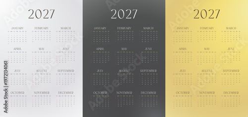 2027 Calendar template set. Elegant luxury calendar for 2027 in silver, dark and gold. Week starts on Sunday.
