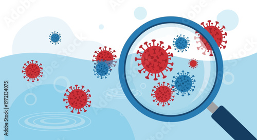 Magnifying glass over coronavirus particles in water, scientific research concept