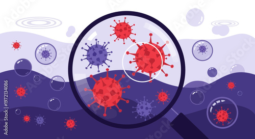 Magnifying glass reveals coronavirus particles, microscopic view of virus infection and research