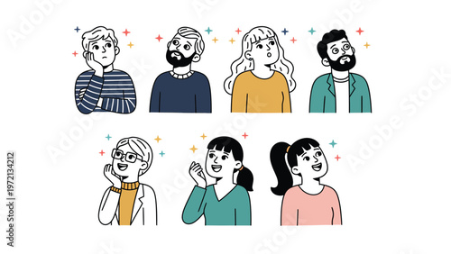 Curious and hopeful diverse people looking up with wonder. Cartoon illustration set of men and women with positive, thoughtful expressions.