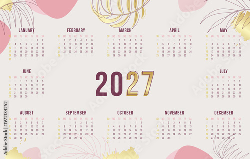 2027 Calendar template design. Feminine botanical wall calendar for 2027 in pink and gold with floral decor. Week starts on Sunday.
