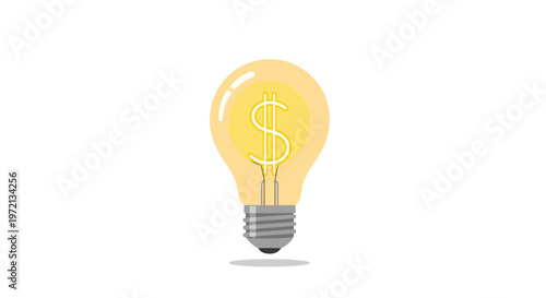 A clean flat illustration of a light bulb contains a bright yellow glowing dollar sign filament centered on a pristine white background with soft shadows.