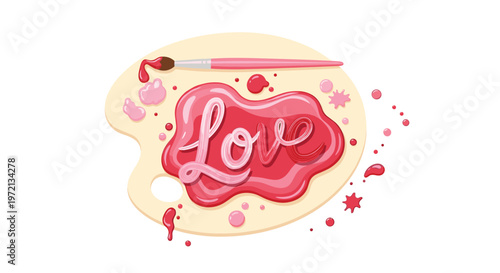 A creamy wooden artist palette is covered in vibrant pink and red paint forming the word Love while a pink brush rests on the top edge against a clean white background.