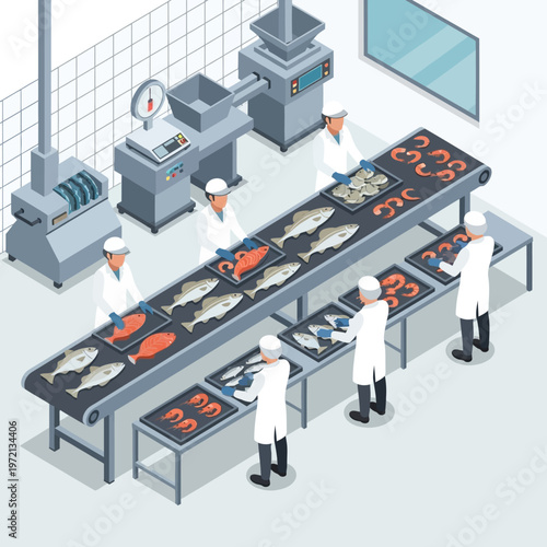 Fish processing factory workers at work.