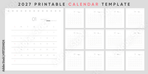 2027 Printable Calendar template set. Minimal notebook calendar for 2027 with motivational quotes. Week starts on Sunday.