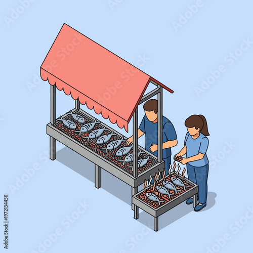 People grilling fish on barbecue.