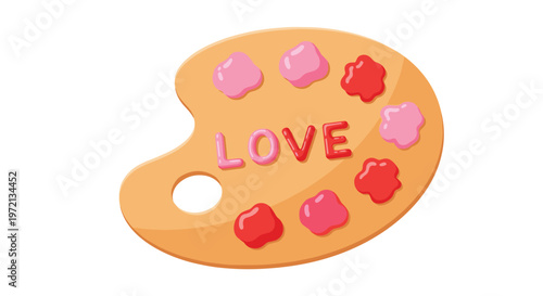 A polished wooden artist palette displays vibrant pink and red paint blobs surrounding the glossy dimensional word love against a bright clean white backdrop in studio lighting.