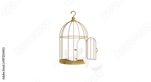 An elegant golden birdcage with a thin wire structure features an open door and delicate white feathers scattered across the base on a white background in soft light.
