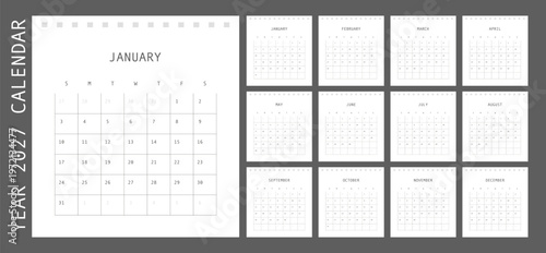 2027 Calendar template set. Minimal clean calendar for 2027 in grey with notebook style pages. Week starts on Sunday.
