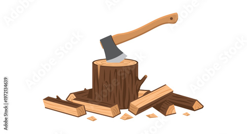 A sharp metal axe remains wedged into the center of a brown textured tree stump surrounded by various sized wood chunks on a plain white background in neutral studio light.