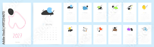 2027 Monthly Calendar template set. Creative artistic calendar for 2027 with abstract colorful illustrations. Week starts on Sunday.
